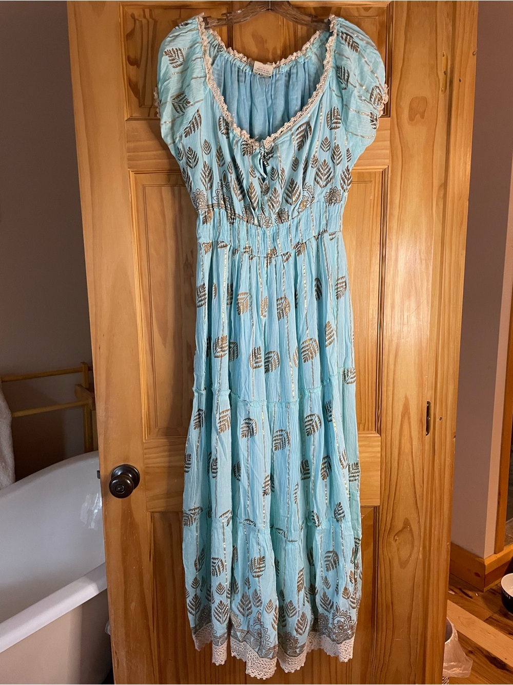 Light Aqua Maxi Dress with Metallic Leaf Motif